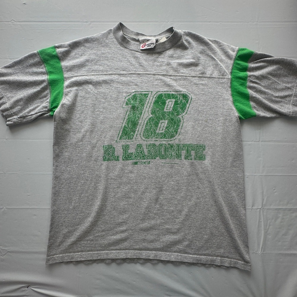 Vintage 2001 Bobby Labonte NASCAR #18 T-Shirt Gray Green Large Joe Gibbs Racing